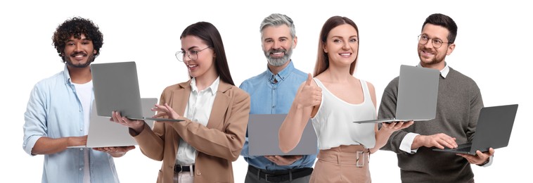 Image of Group of people with laptops on white background