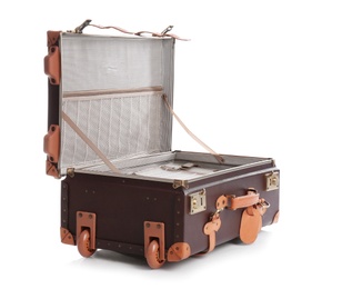 Photo of Open suitcase for travelling on white background