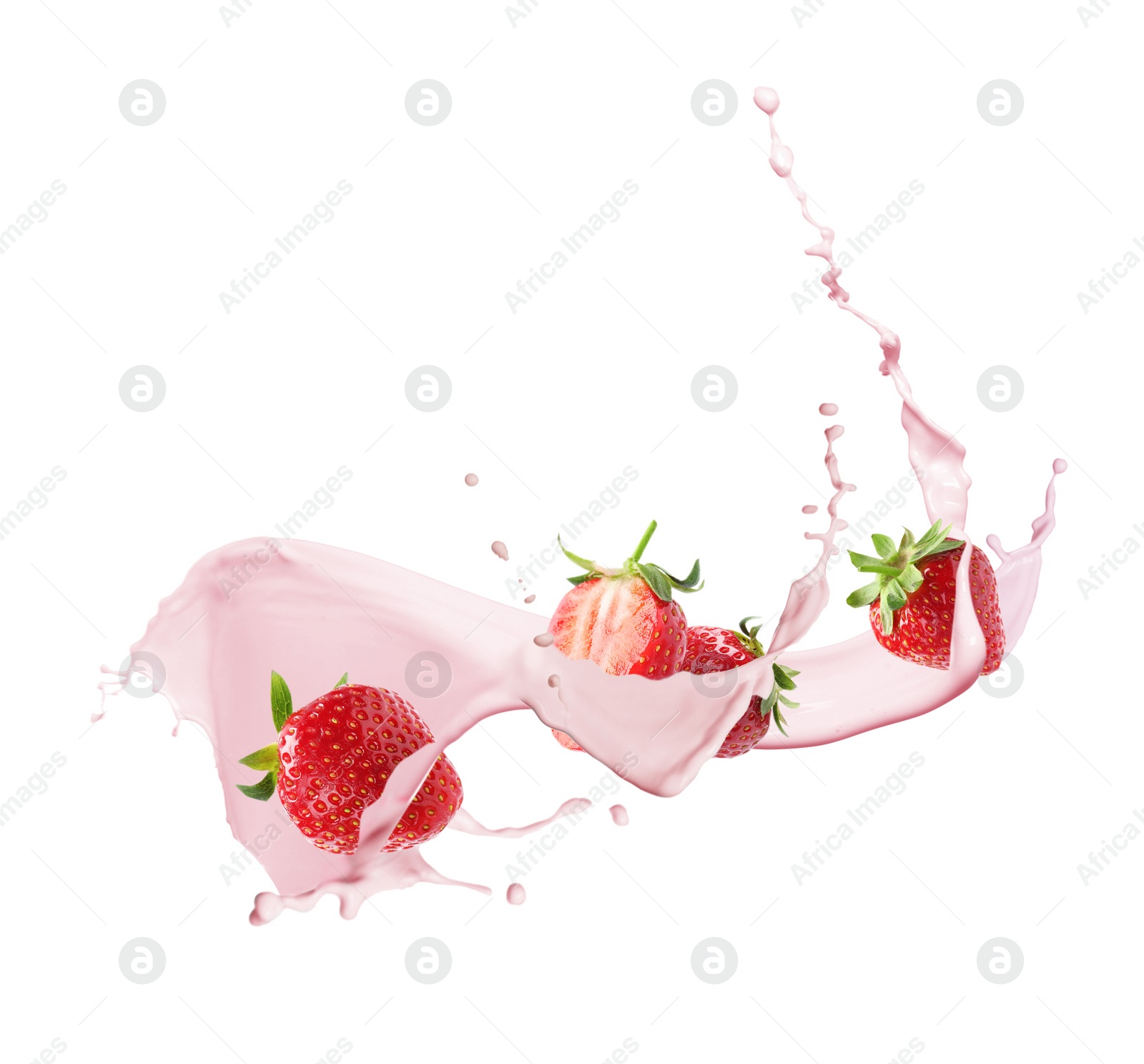 Image of Fresh strawberries with milkshake splash on white background