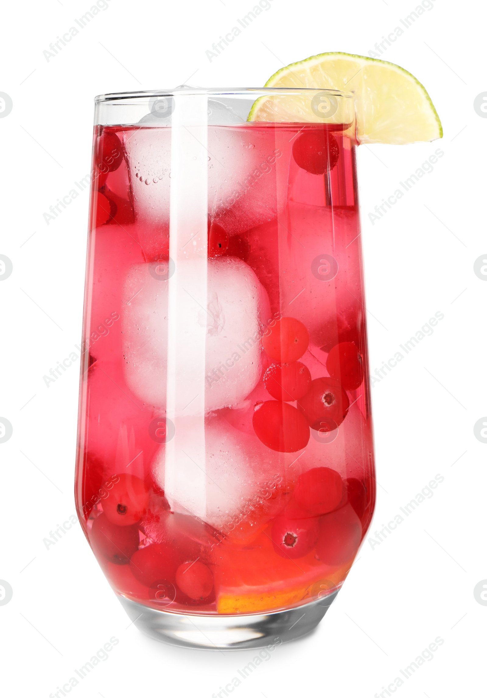 Photo of Tasty cranberry cocktail with ice cubes and lime in glass isolated on white