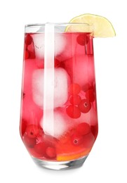Tasty cranberry cocktail with ice cubes and lime in glass isolated on white