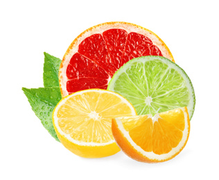 Image of Different citrus fruits with leaves on white background 