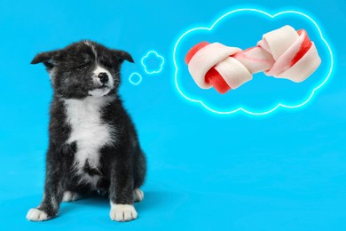 Dreaming about treat. Cute Akita Inu puppy and neon thought cloud with knotted bone on light blue background