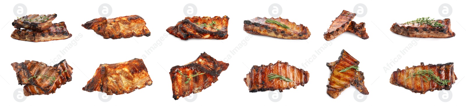 Image of Set of delicious roasted ribs on white background. Banner design 