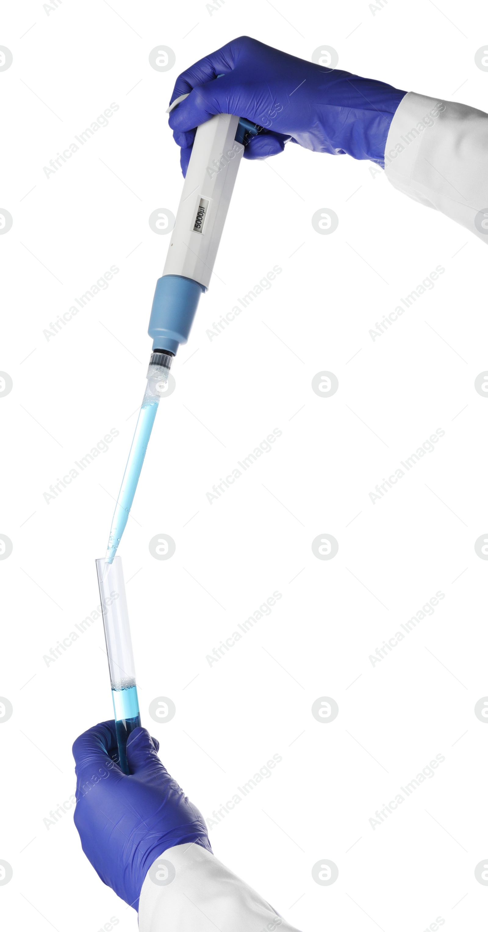 Photo of Laboratory analysis. Scientist dripping sample with micropipette into test tube on white background, closeup