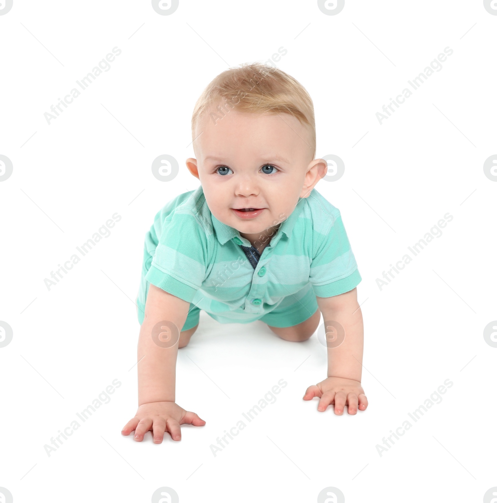 Photo of Cute little baby crawling on white background