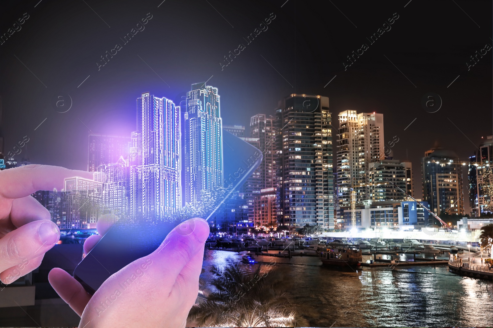 Image of Man with smartphone and virtual image of building, closeup. Modern technology