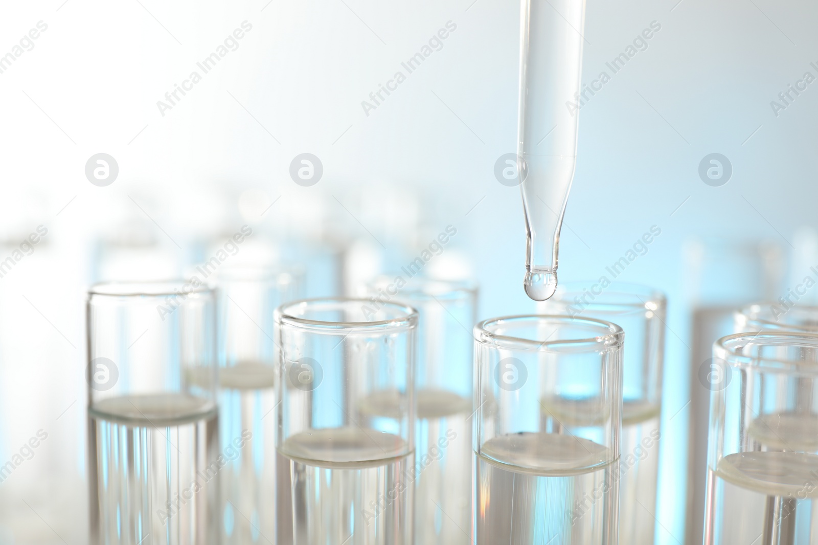 Photo of Dripping liquid from pipette into test tube on light background, closeup