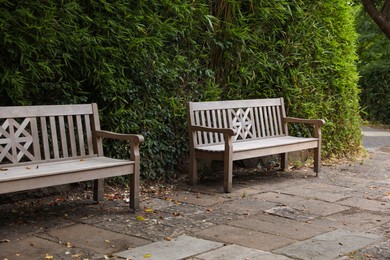 Photo of Stylish wooden benches and green plants in beautiful garden