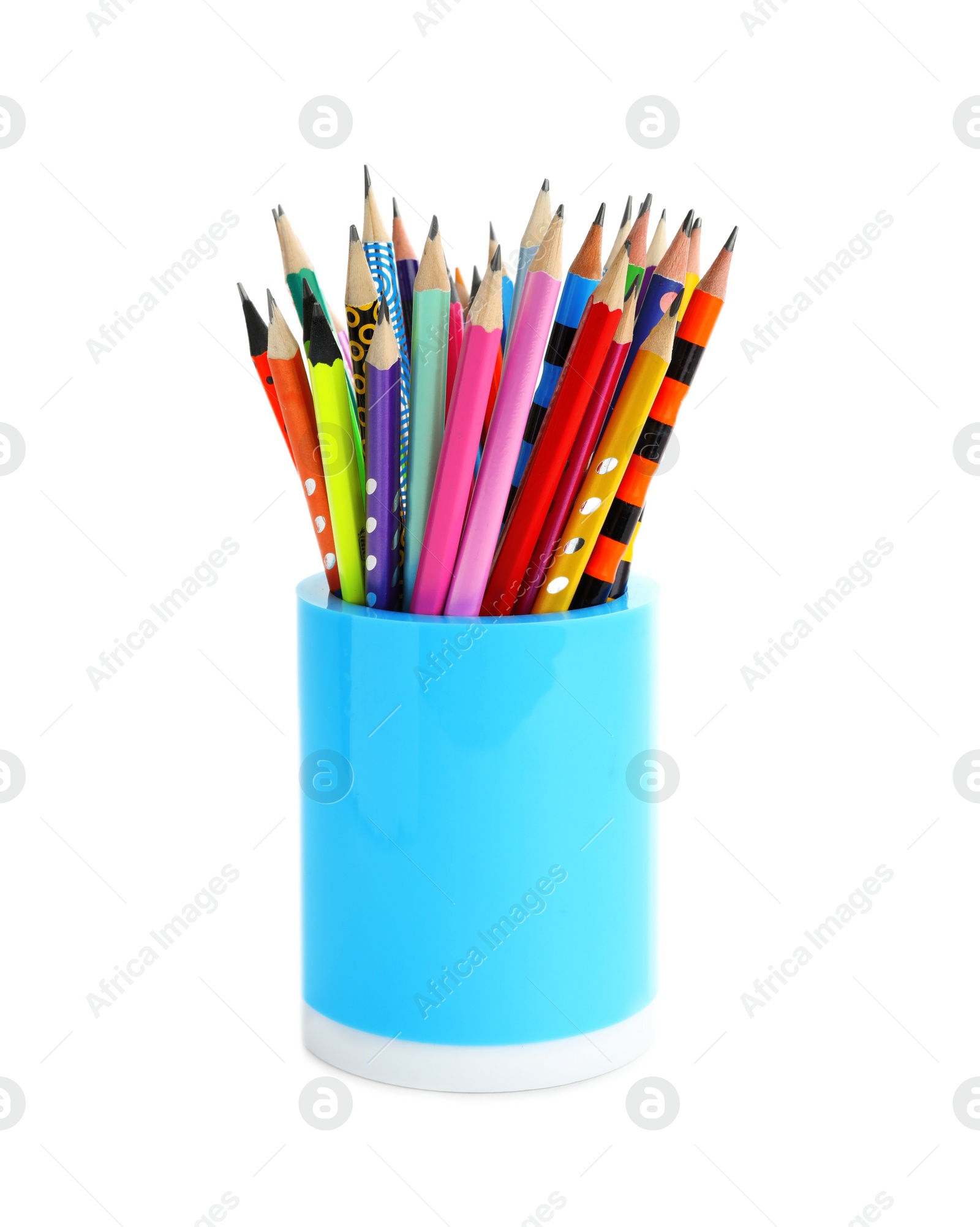 Photo of Holder with different pencils on white background. School stationery