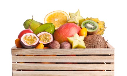 Wooden crate with different exotic fruits on white background