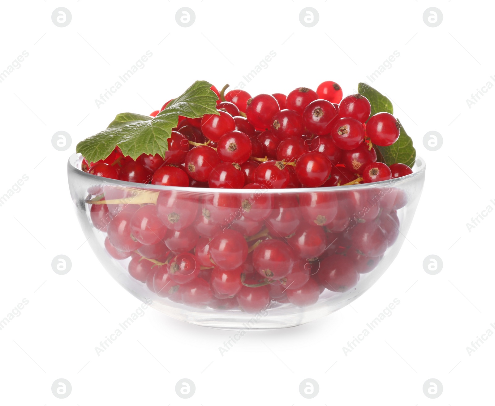 Photo of Delicious ripe red currants in bowl isolated on white