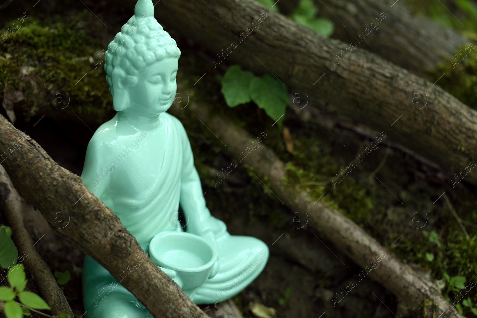 Photo of Decorative Buddha statue near tree outdoors. Space for text