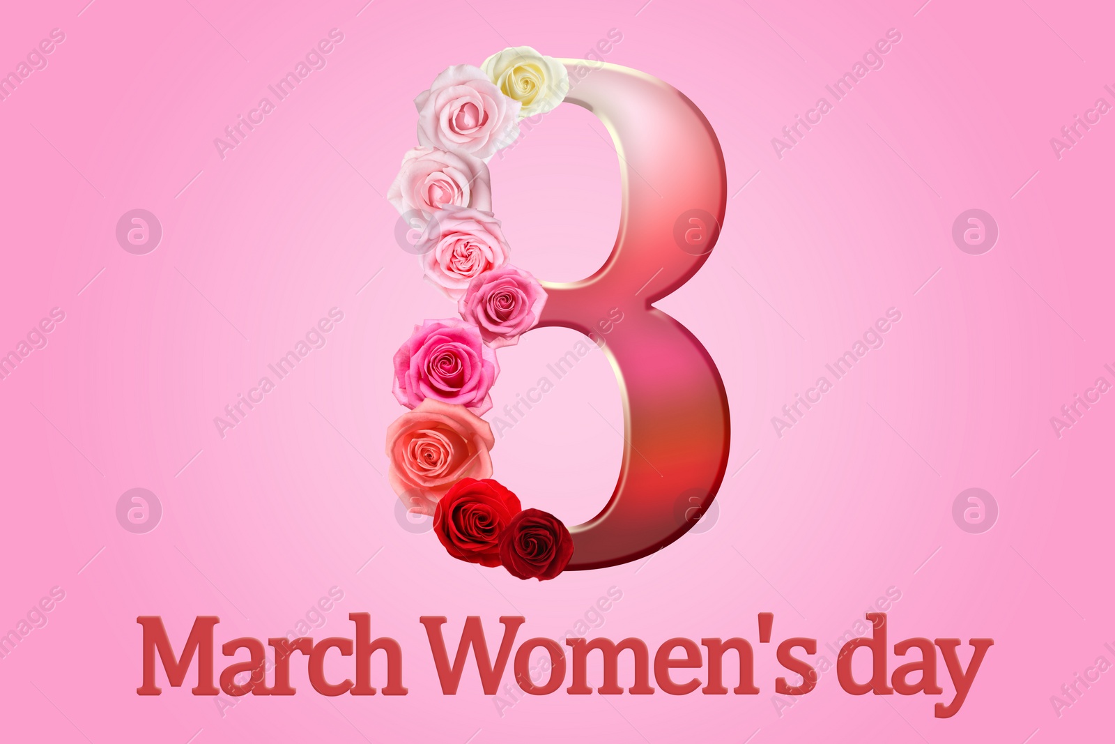 Image of March 8 - International Women's Day. Greeting card design with number 8 and flowers on pink background