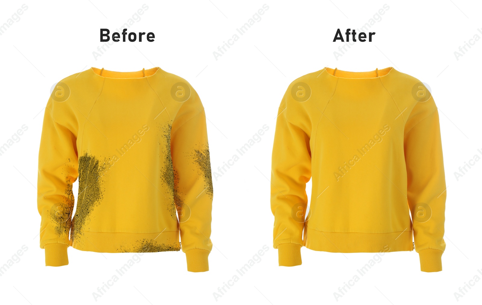 Image of Stylish sweatshirt before and after washing on white background, collage. Dry-cleaning service