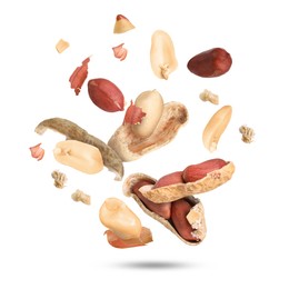 Image of Peanuts and crushed pods in air on white background