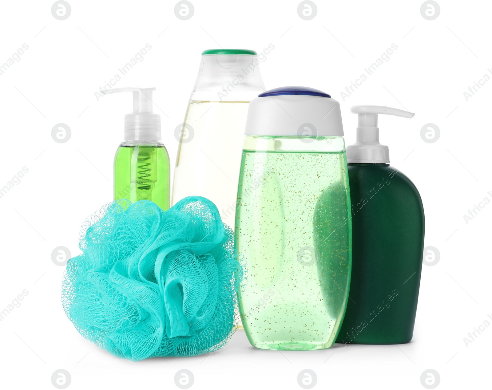 Photo of Personal hygiene products and shower puff on white background