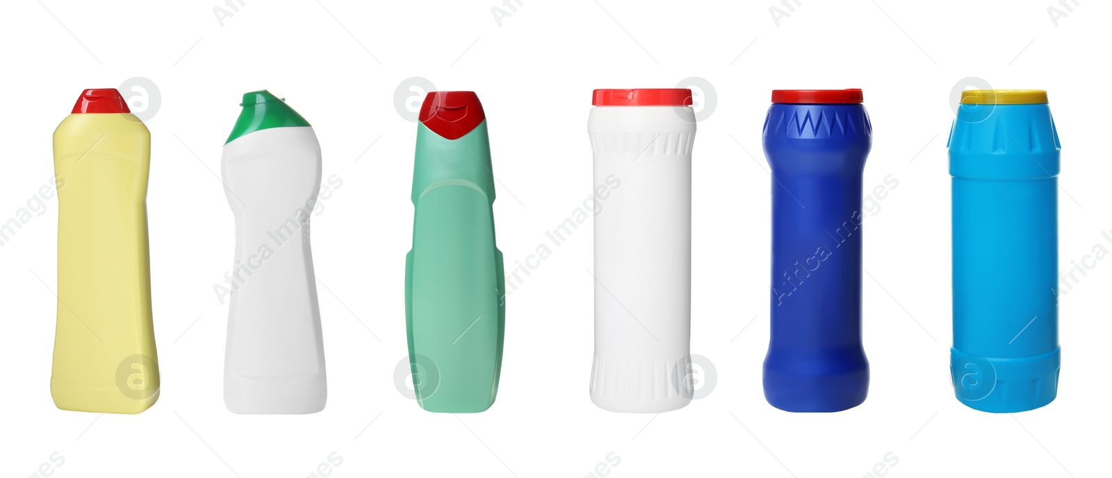 Image of Set with bottles of different cleaning products on white background, banner design. Household chemicals