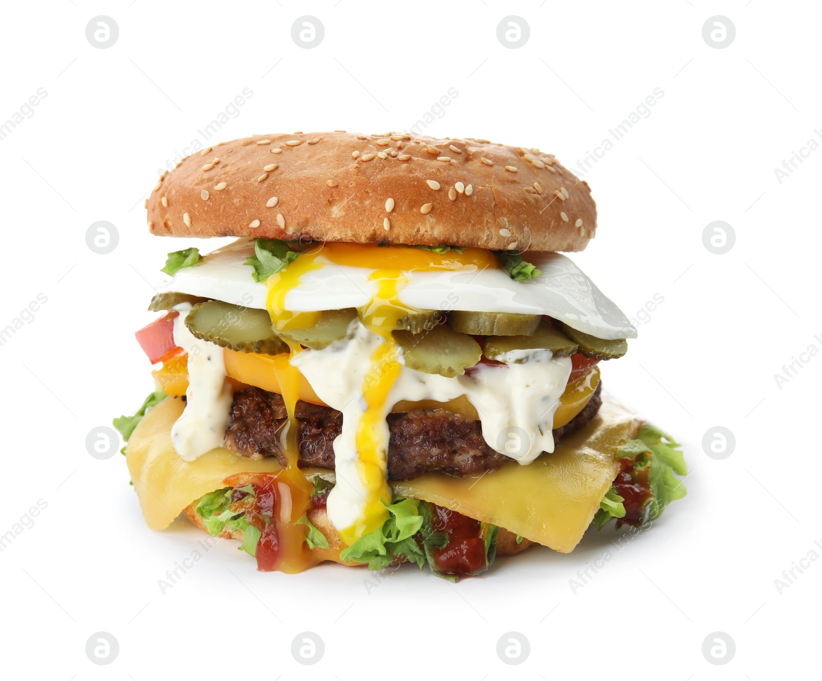 Photo of Tasty burger with fried egg on white background