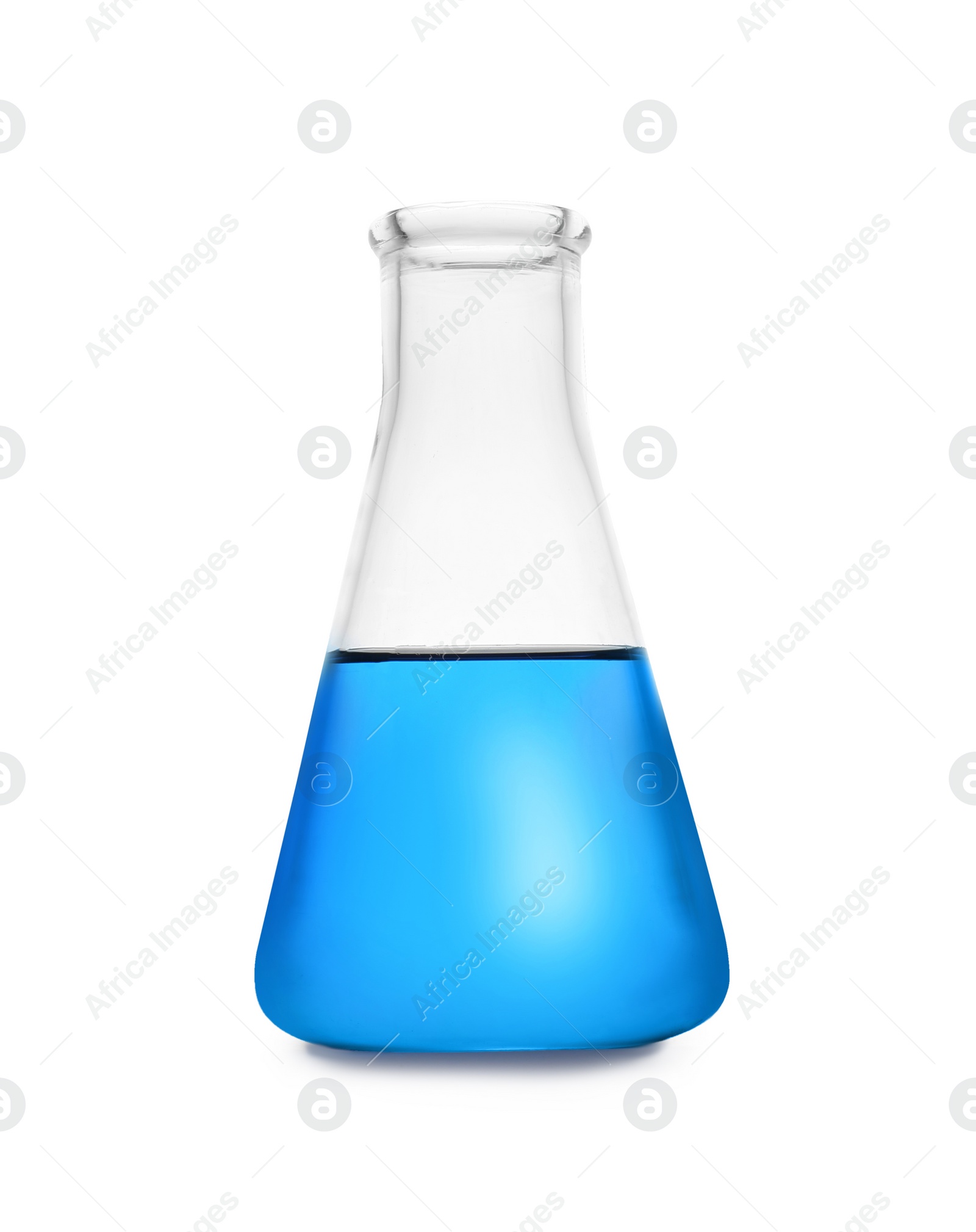 Photo of Conical flask with color liquid isolated on white. Chemistry glassware