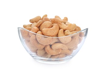 Bowl of tasty organic cashew nuts isolated on white