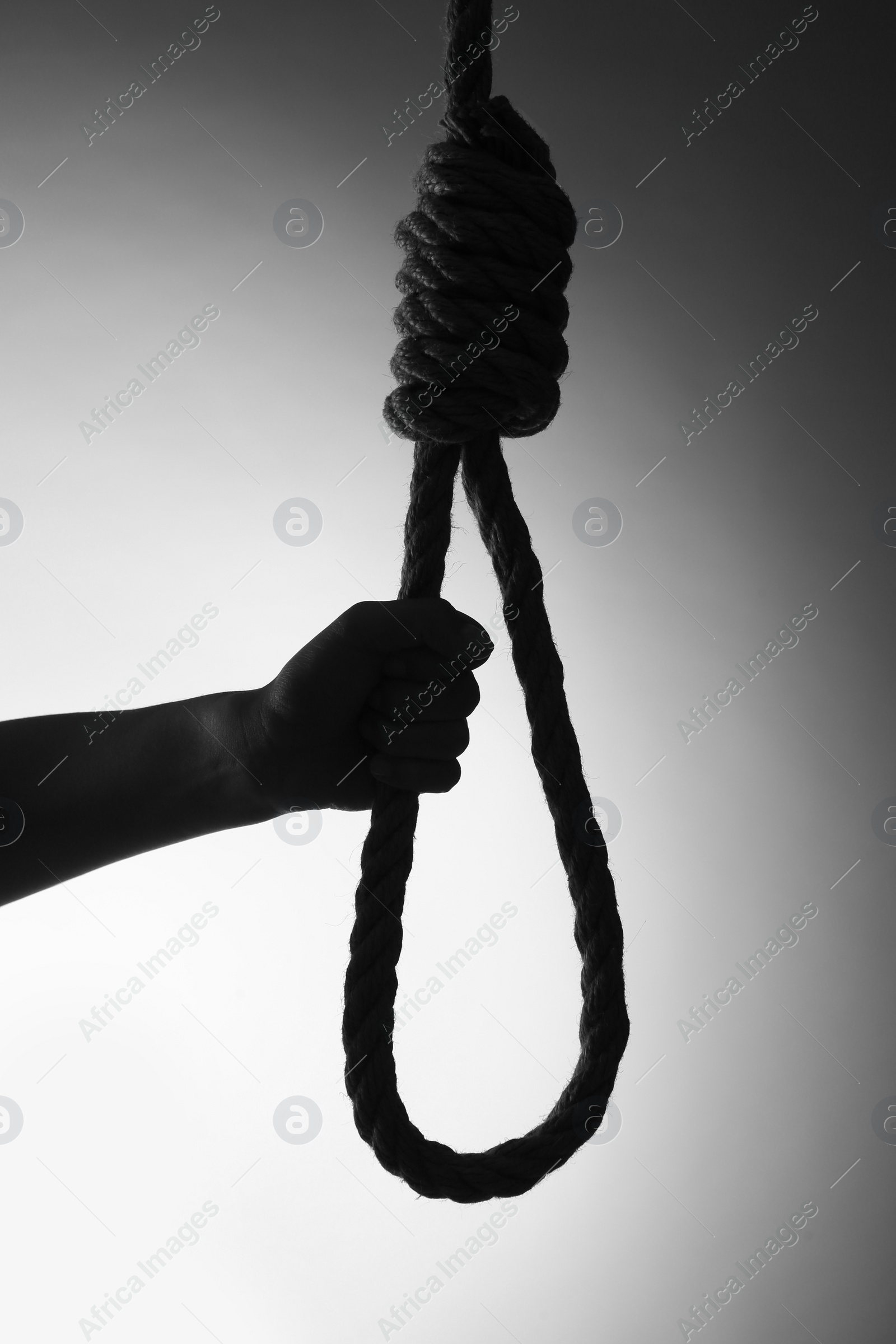 Photo of Silhouette of woman holding rope noose on light background, closeup