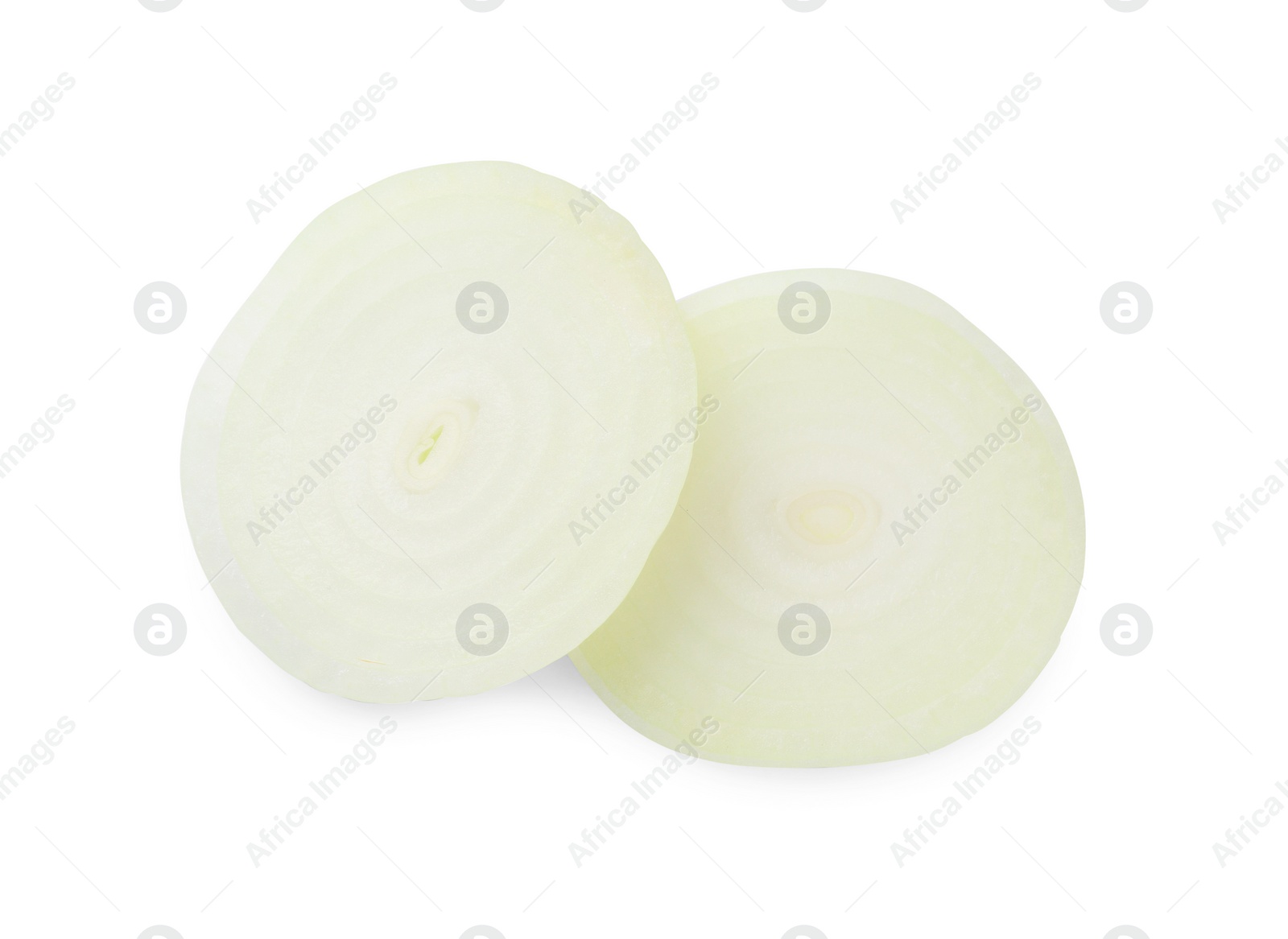 Photo of Slices of raw onion on white background, top view