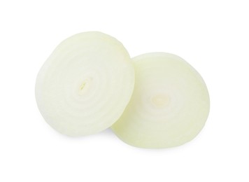 Slices of raw onion on white background, top view