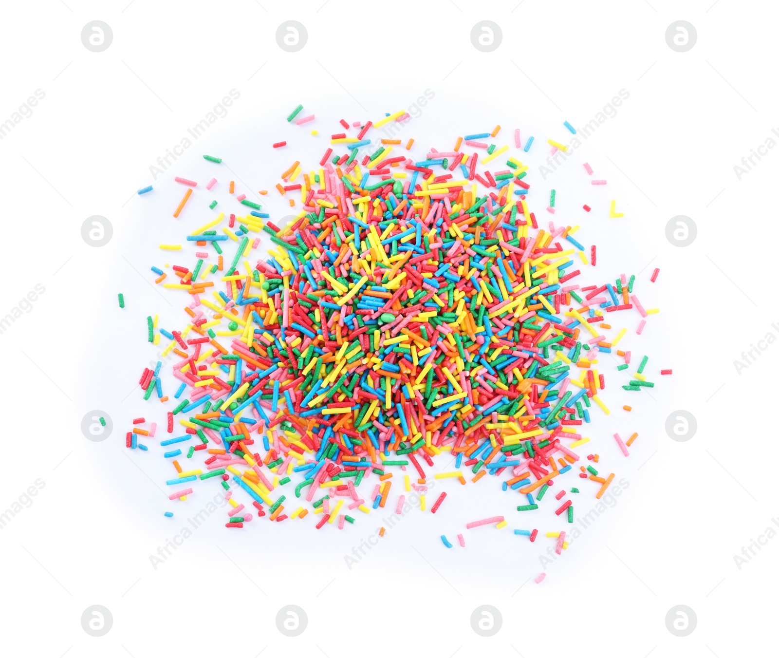 Photo of Colorful sprinkles on white background, top view. Confectionery decor