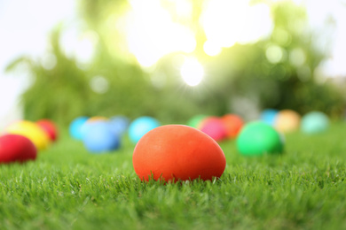 Photo of Colorful Easter eggs on green grass outdoors