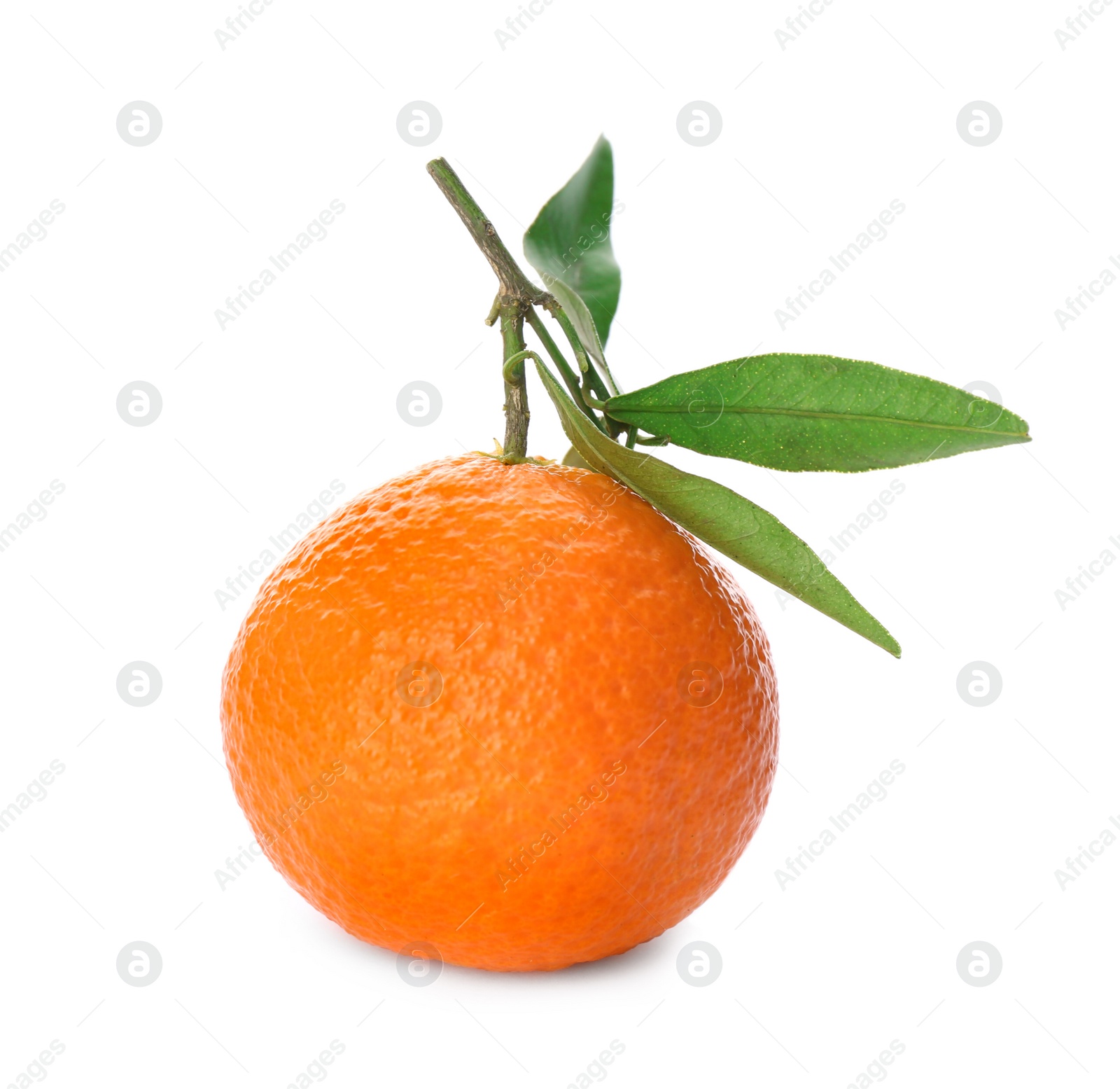 Photo of Whole fresh tangerine with green leaves isolated on white