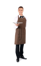 Photo of Waiter holding metal tray on white background