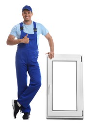 Worker with plastic window on white background. Installation service