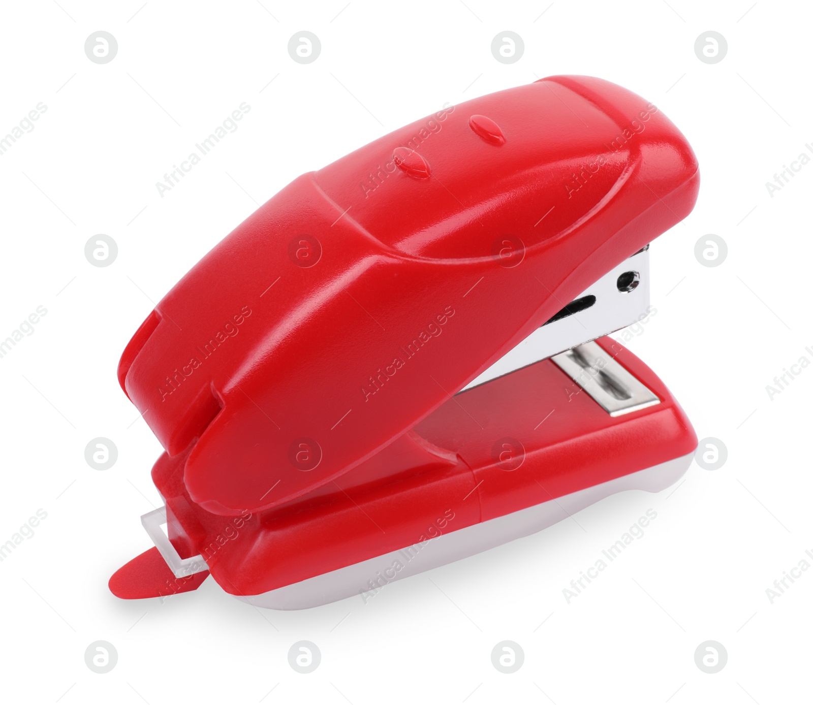 Photo of One new red stapler isolated on white