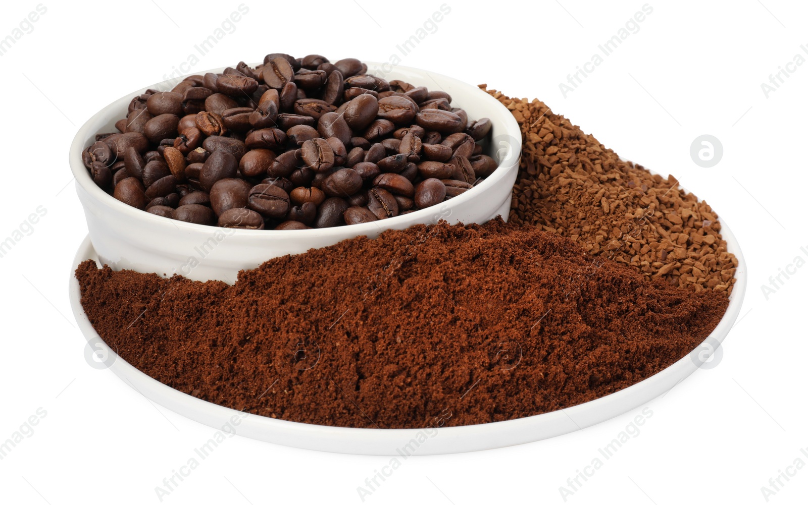 Photo of Plate with instant and ground coffee, roasted beans on white background