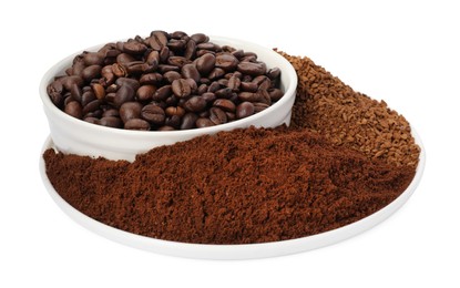 Plate with instant and ground coffee, roasted beans on white background