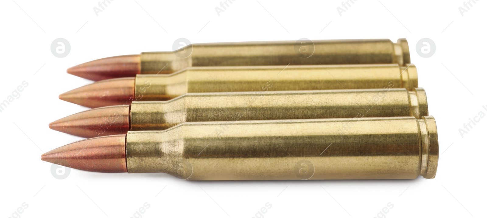 Photo of Many bullets on white background. Military ammunition