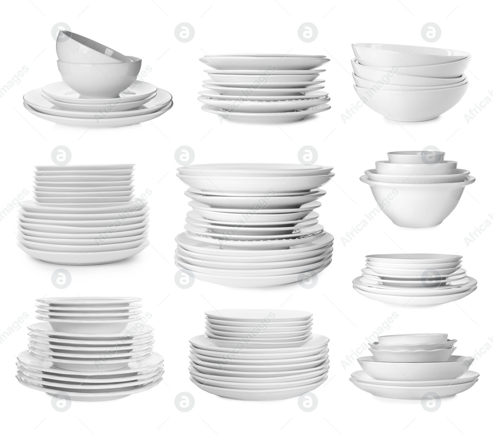 Image of Set with different clean dishware on white background