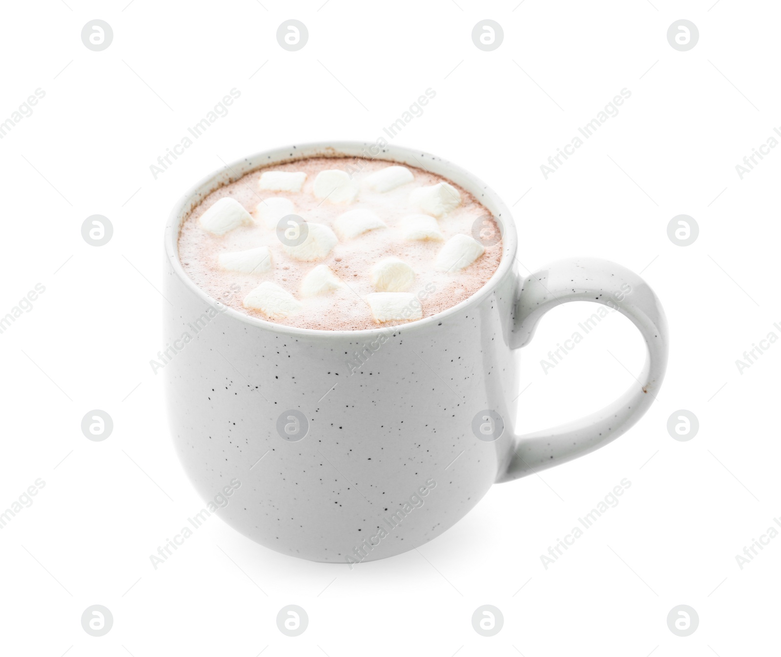 Photo of Delicious cocoa drink with marshmallows in cup on white background