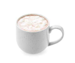 Photo of Delicious cocoa drink with marshmallows in cup on white background