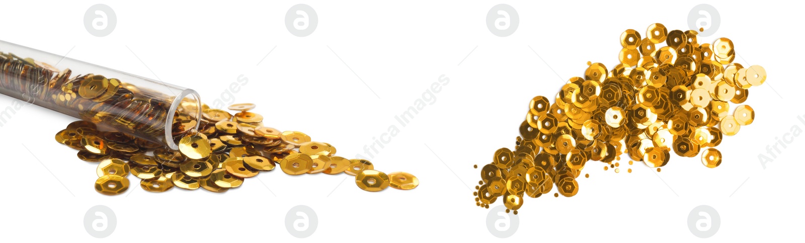 Image of Beautiful shiny yellow sequins on white background