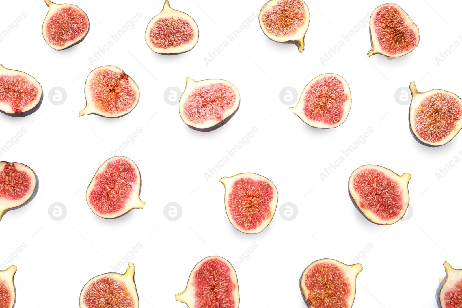 Photo of Cut ripe figs on white background, top view