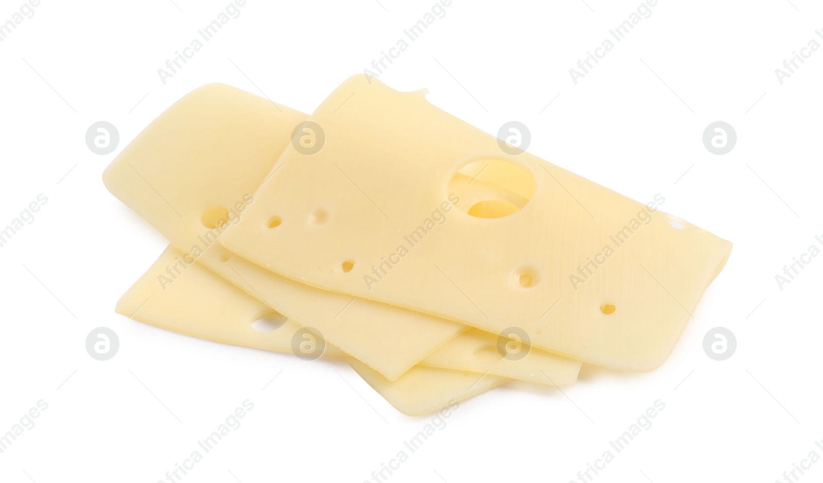 Photo of Slices of tasty fresh cheese isolated on white