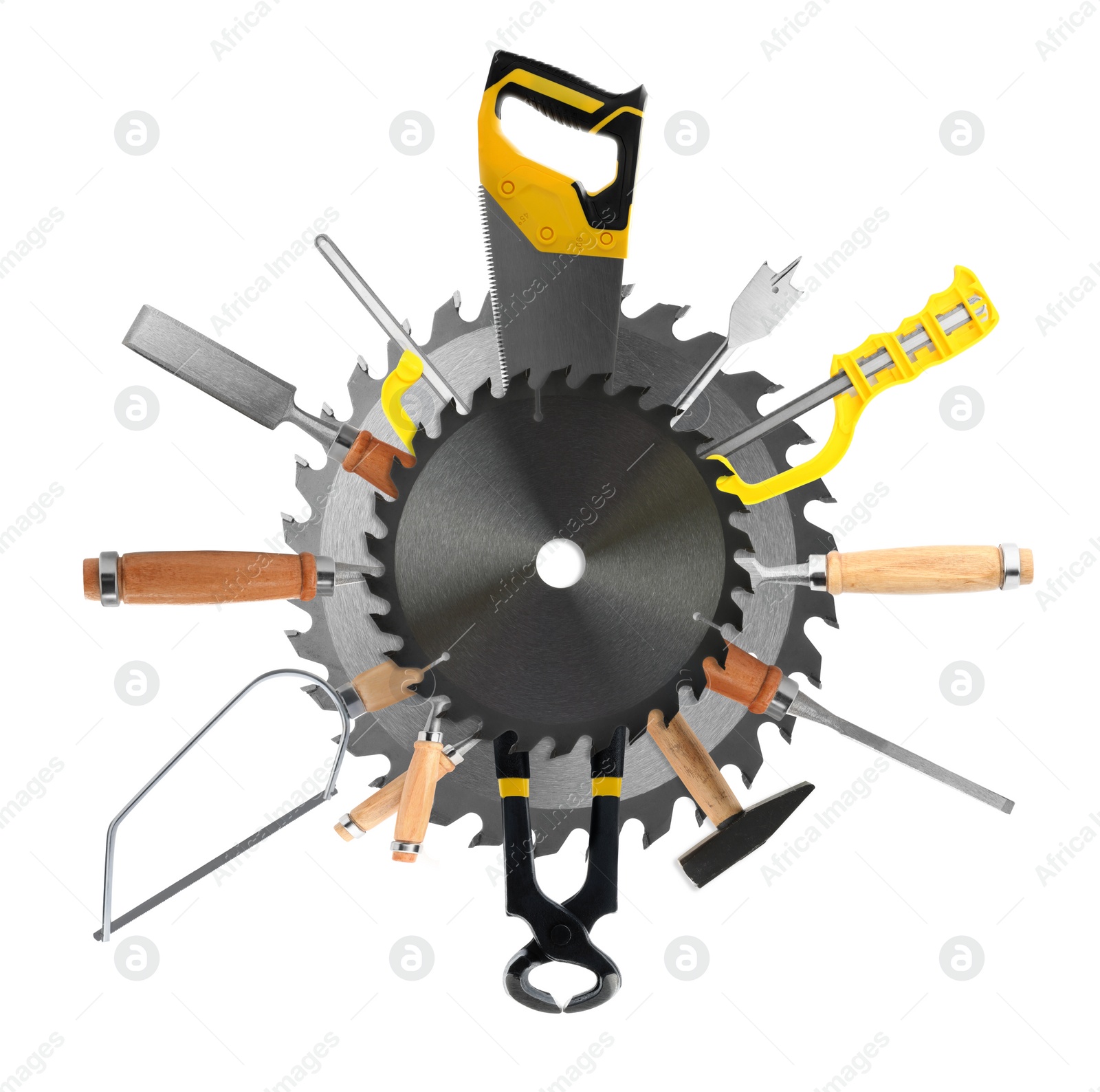 Image of Collage with different modern carpenter's tools on white background