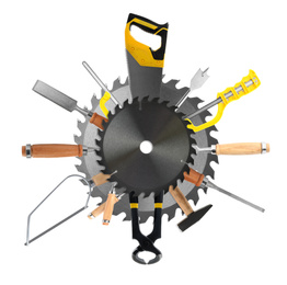 Image of Collage with different modern carpenter's tools on white background