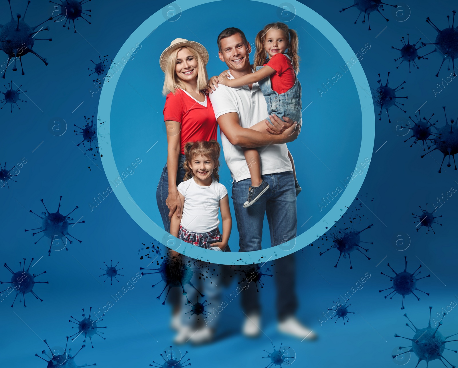 Image of Happy family with strong immunity on blue background. Bubble around them blocking viruses, illustration