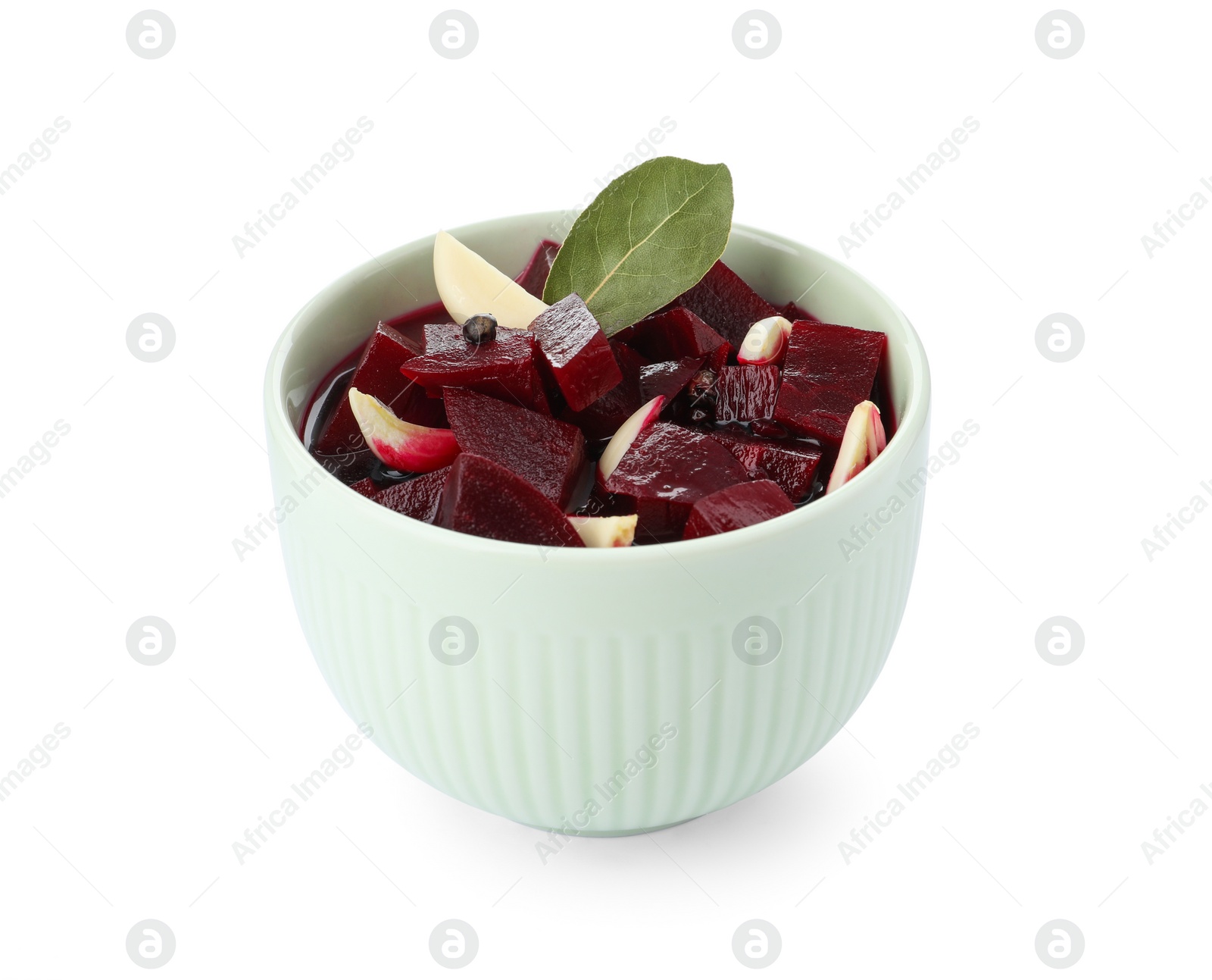 Photo of Pickled beets and garlic in bowl on white background