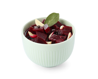 Photo of Pickled beets and garlic in bowl on white background