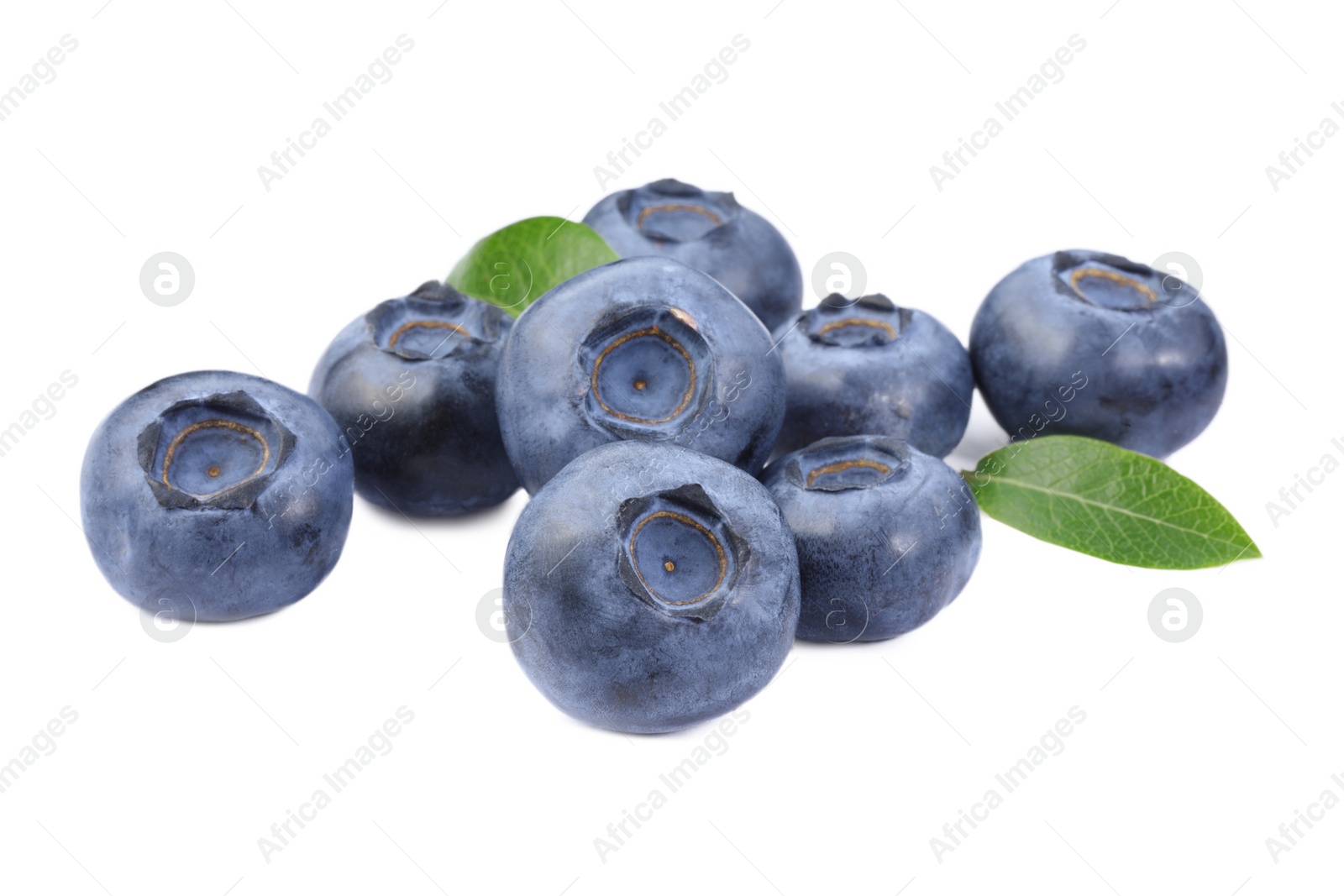 Photo of Many fresh ripe blueberries and leaves isolated on white