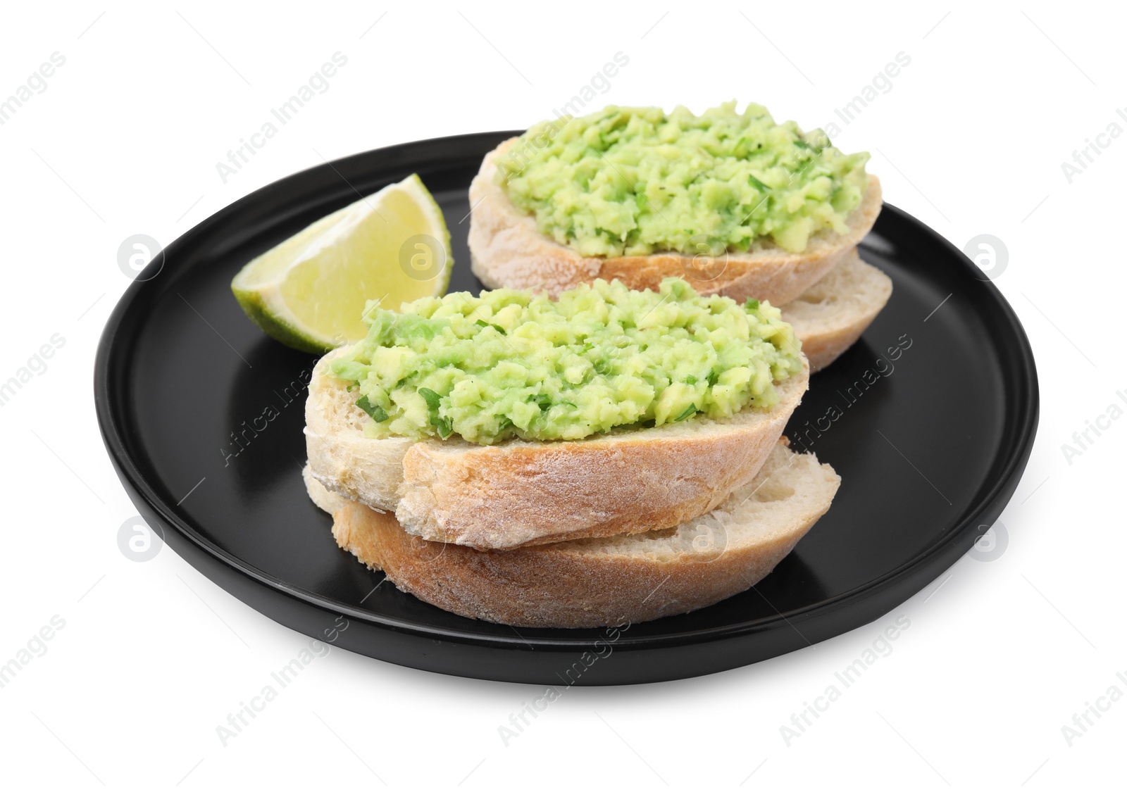 Photo of Delicious sandwiches with guacamole and lime wedge on white background